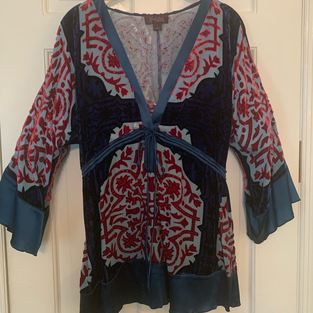 Hale Bob Velvet Accent Plunge Neckline Blouse Sz S